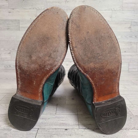 Vintage Justin Western Turquoise Green Lizard Leather Cowboy Boots Women's 6.5 B - Picture 8 of 9